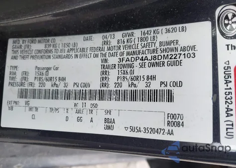 2013 Ford Fiesta S z USA, uszkodzony, nr VIN 3FADP4AJ8DM227103